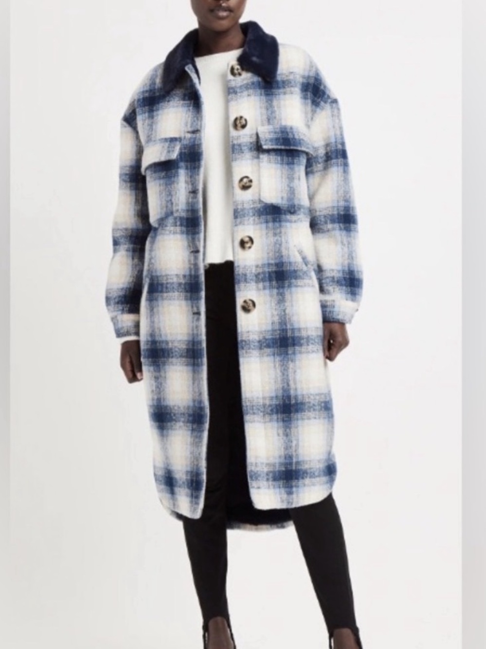 Apparis James Navy Blur Plaid Coat Faux Fur Collar size small gorpcore chic